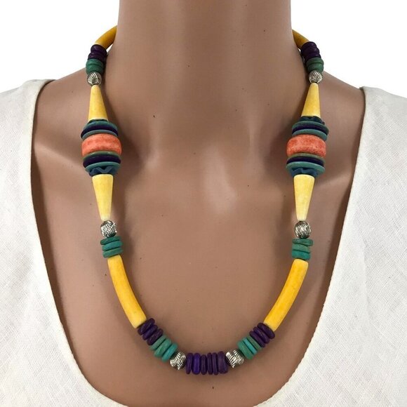 Vintage Beaded Necklace Yellow Red Blue Green Purple 22 Inch Length - Picture 1 of 2